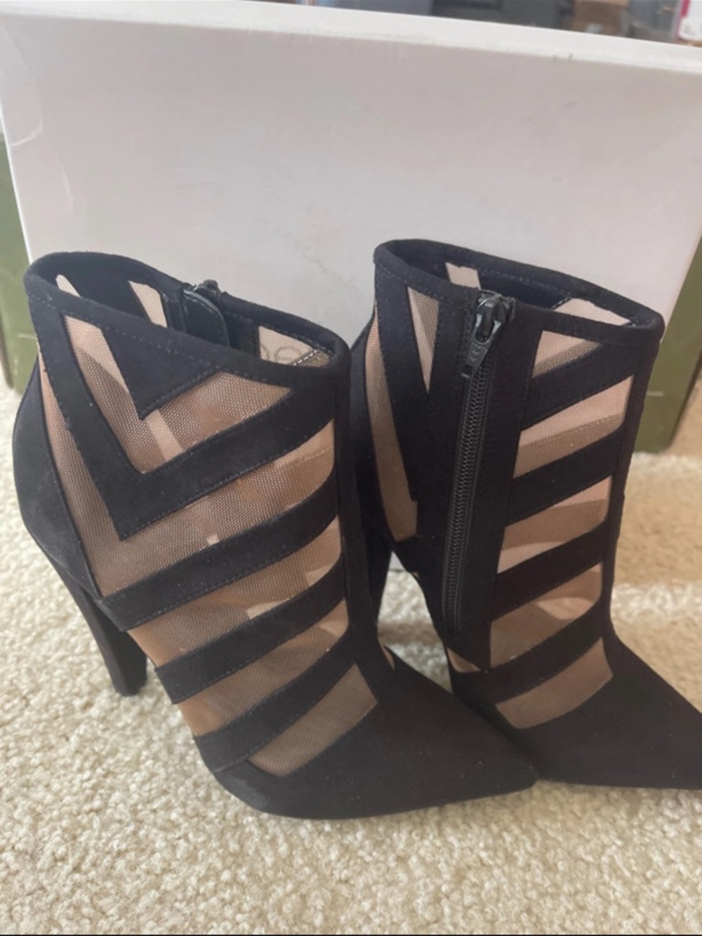 NIB Paper Doll Black Mesh-Strap Pointed Ankle Boots